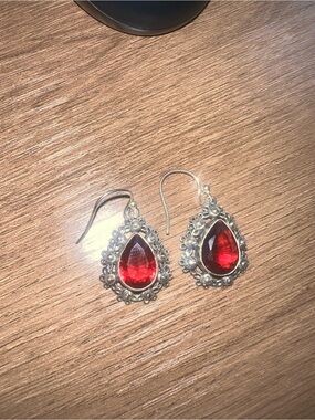Silver Floral Teardrop Earrings with Red Gemstone